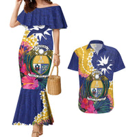 Nauru Independence Day Couples Matching Mermaid Dress and Hawaiian Shirt Coat Of Arms With Tropical Flowers LT14 Blue - Polynesian Pride