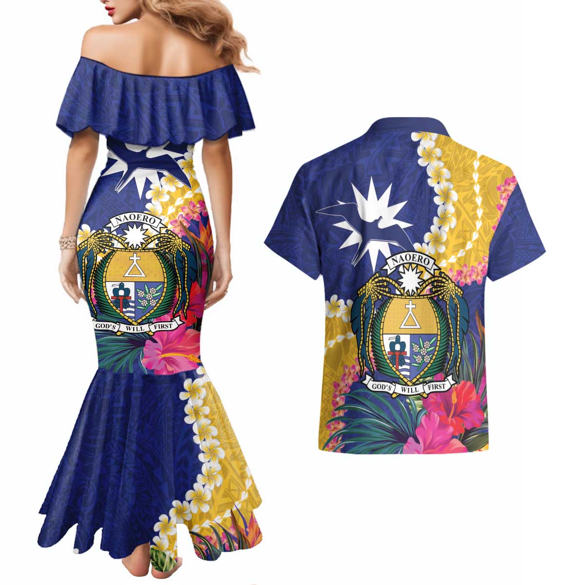 Nauru Independence Day Couples Matching Mermaid Dress and Hawaiian Shirt Coat Of Arms With Tropical Flowers LT14 - Polynesian Pride
