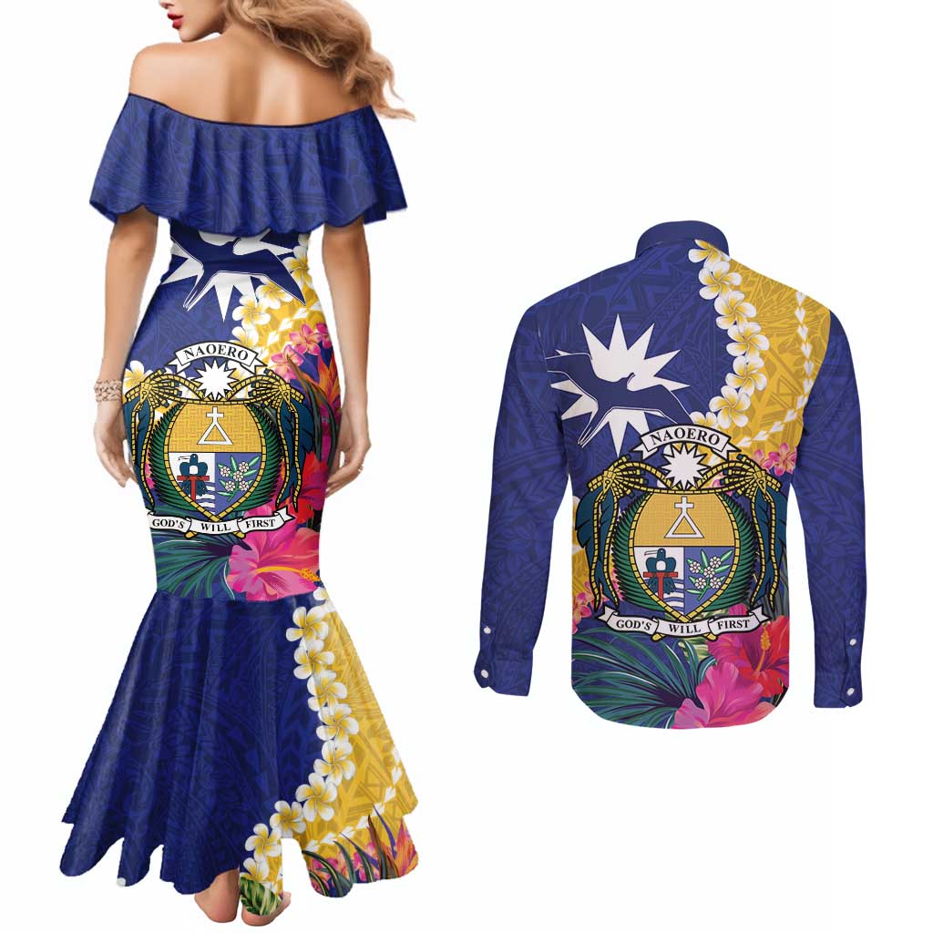 Nauru Independence Day Couples Matching Mermaid Dress and Long Sleeve Button Shirt Coat Of Arms With Tropical Flowers LT14 - Polynesian Pride
