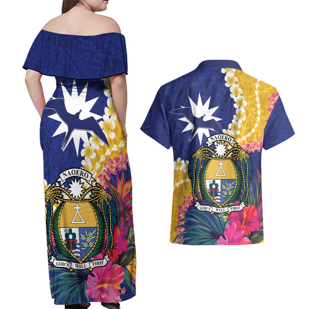 Nauru Independence Day Couples Matching Off Shoulder Maxi Dress and Hawaiian Shirt Coat Of Arms With Tropical Flowers LT14 - Polynesian Pride