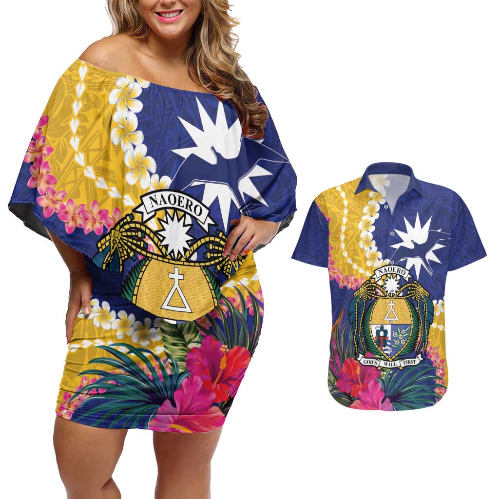 Nauru Independence Day Couples Matching Off Shoulder Short Dress and Hawaiian Shirt Coat Of Arms With Tropical Flowers LT14 Blue - Polynesian Pride