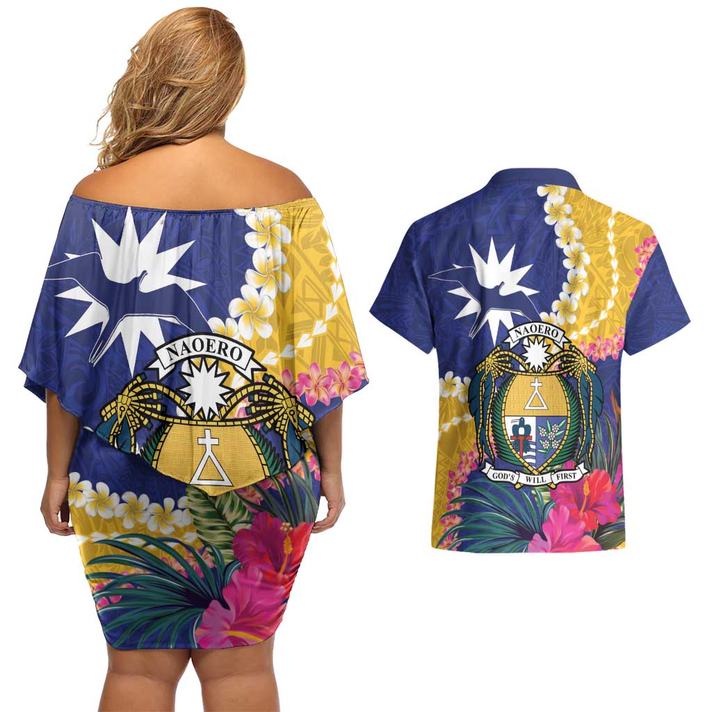 Nauru Independence Day Couples Matching Off Shoulder Short Dress and Hawaiian Shirt Coat Of Arms With Tropical Flowers LT14 - Polynesian Pride