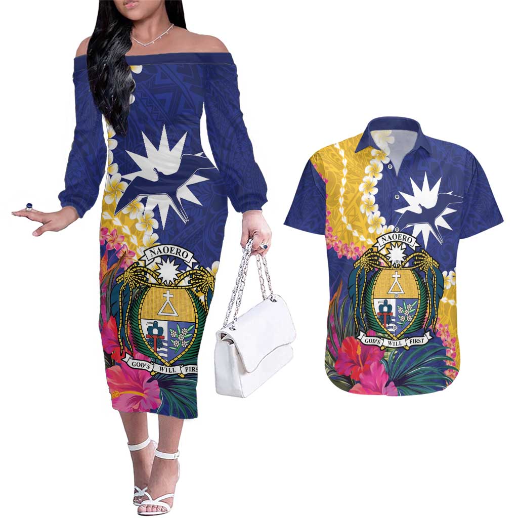 Nauru Independence Day Couples Matching Off The Shoulder Long Sleeve Dress and Hawaiian Shirt Coat Of Arms With Tropical Flowers LT14 Blue - Polynesian Pride