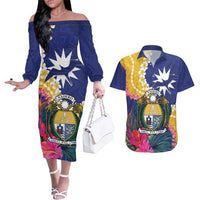 Nauru Independence Day Couples Matching Off The Shoulder Long Sleeve Dress and Hawaiian Shirt Coat Of Arms With Tropical Flowers LT14 Blue - Polynesian Pride