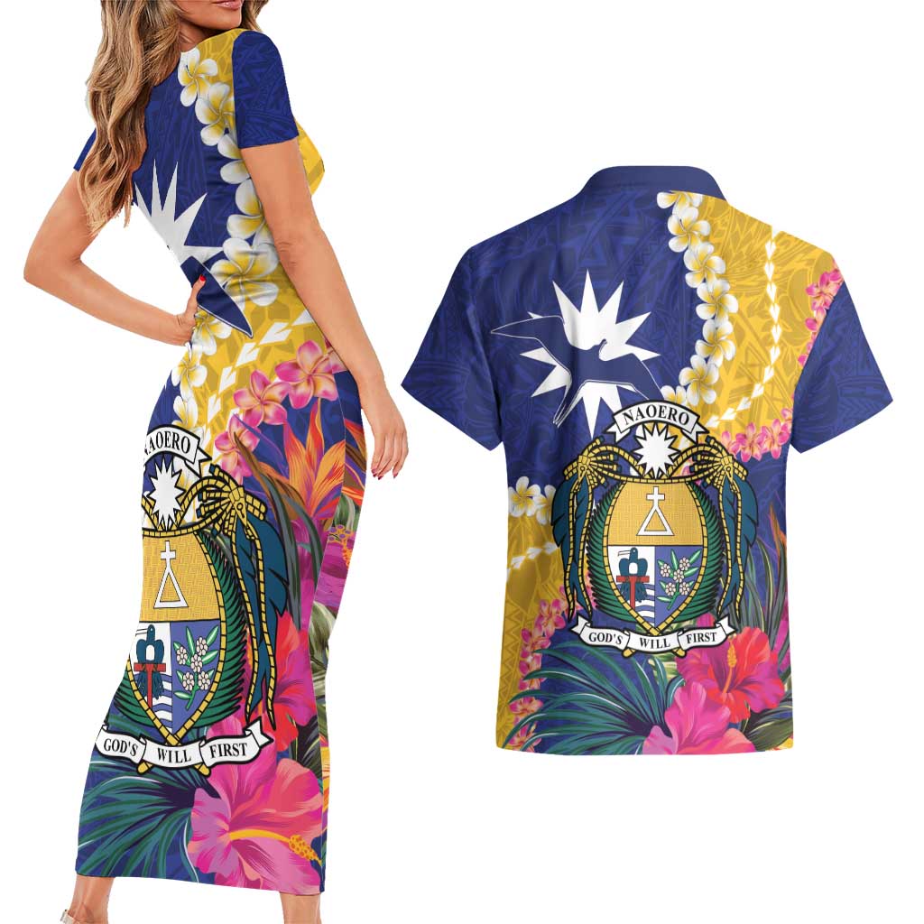 Nauru Independence Day Couples Matching Short Sleeve Bodycon Dress and Hawaiian Shirt Coat Of Arms With Tropical Flowers LT14 - Polynesian Pride