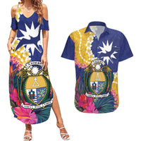 Nauru Independence Day Couples Matching Summer Maxi Dress and Hawaiian Shirt Coat Of Arms With Tropical Flowers LT14 Blue - Polynesian Pride