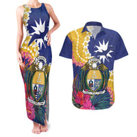 Nauru Independence Day Couples Matching Tank Maxi Dress and Hawaiian Shirt Coat Of Arms With Tropical Flowers LT14 Blue - Polynesian Pride