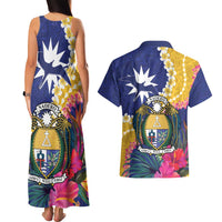 Nauru Independence Day Couples Matching Tank Maxi Dress and Hawaiian Shirt Coat Of Arms With Tropical Flowers LT14 - Polynesian Pride