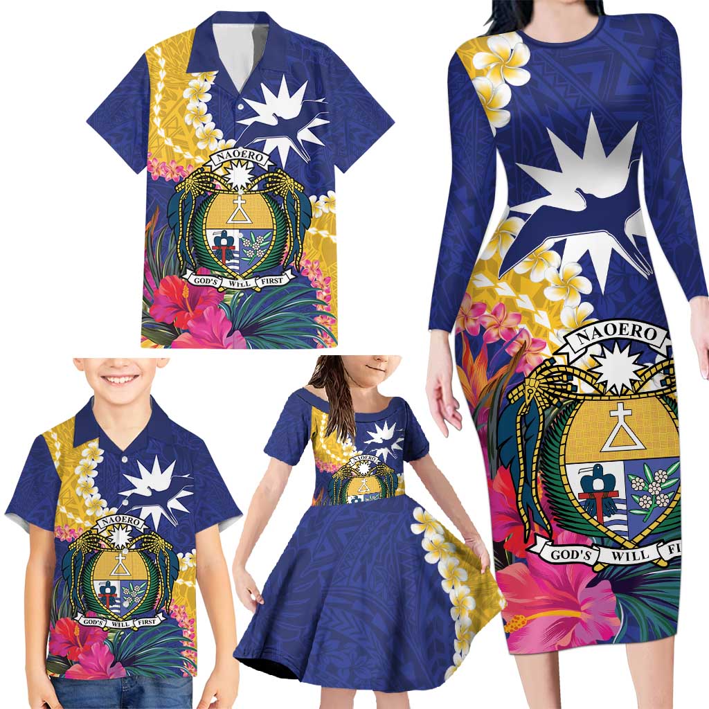 Nauru Independence Day Family Matching Long Sleeve Bodycon Dress and Hawaiian Shirt Coat Of Arms With Tropical Flowers LT14 - Polynesian Pride