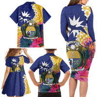 Nauru Independence Day Family Matching Long Sleeve Bodycon Dress and Hawaiian Shirt Coat Of Arms With Tropical Flowers LT14 - Polynesian Pride