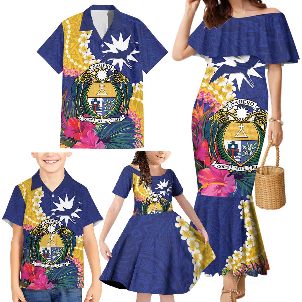 Nauru Independence Day Family Matching Mermaid Dress and Hawaiian Shirt Coat Of Arms With Tropical Flowers LT14 - Polynesian Pride