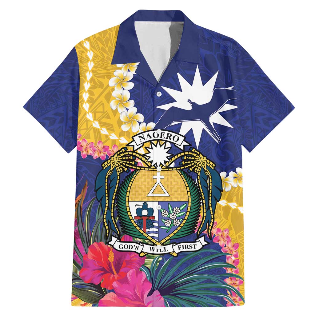 Nauru Independence Day Family Matching Mermaid Dress and Hawaiian Shirt Coat Of Arms With Tropical Flowers LT14 Dad's Shirt - Short Sleeve Blue - Polynesian Pride