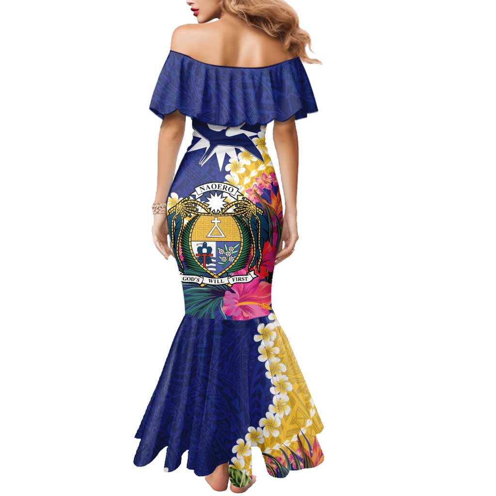 Nauru Independence Day Family Matching Mermaid Dress and Hawaiian Shirt Coat Of Arms With Tropical Flowers LT14 - Polynesian Pride
