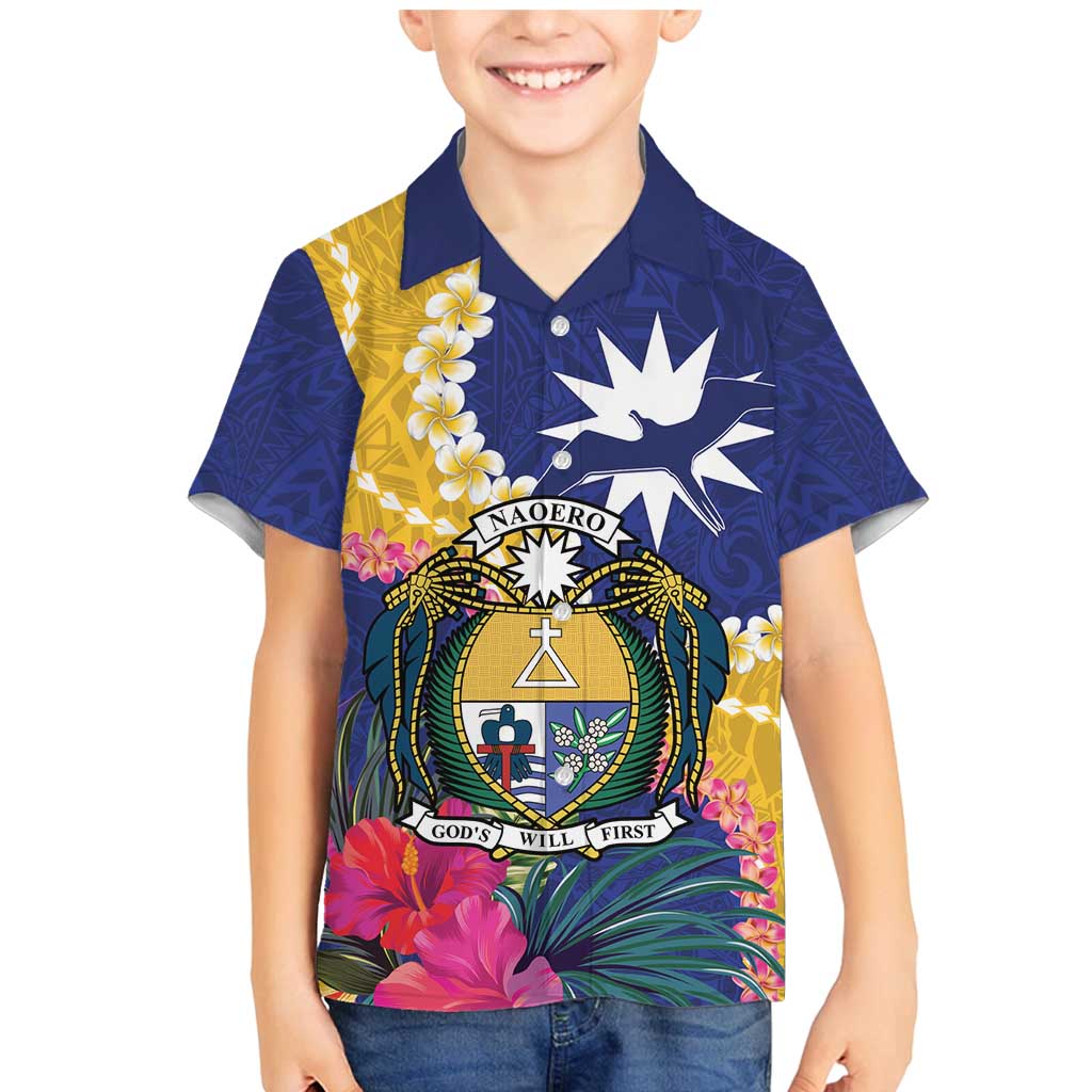 Nauru Independence Day Family Matching Mermaid Dress and Hawaiian Shirt Coat Of Arms With Tropical Flowers LT14 Son's Shirt Blue - Polynesian Pride