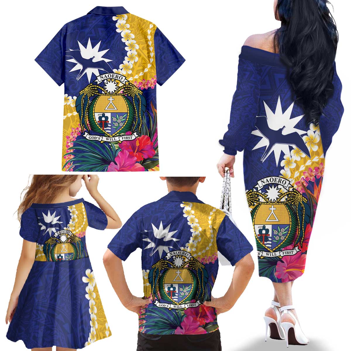 Nauru Independence Day Family Matching Off The Shoulder Long Sleeve Dress and Hawaiian Shirt Coat Of Arms With Tropical Flowers LT14 - Polynesian Pride