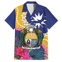 Nauru Independence Day Family Matching Off The Shoulder Long Sleeve Dress and Hawaiian Shirt Coat Of Arms With Tropical Flowers LT14 Dad's Shirt - Short Sleeve Blue - Polynesian Pride