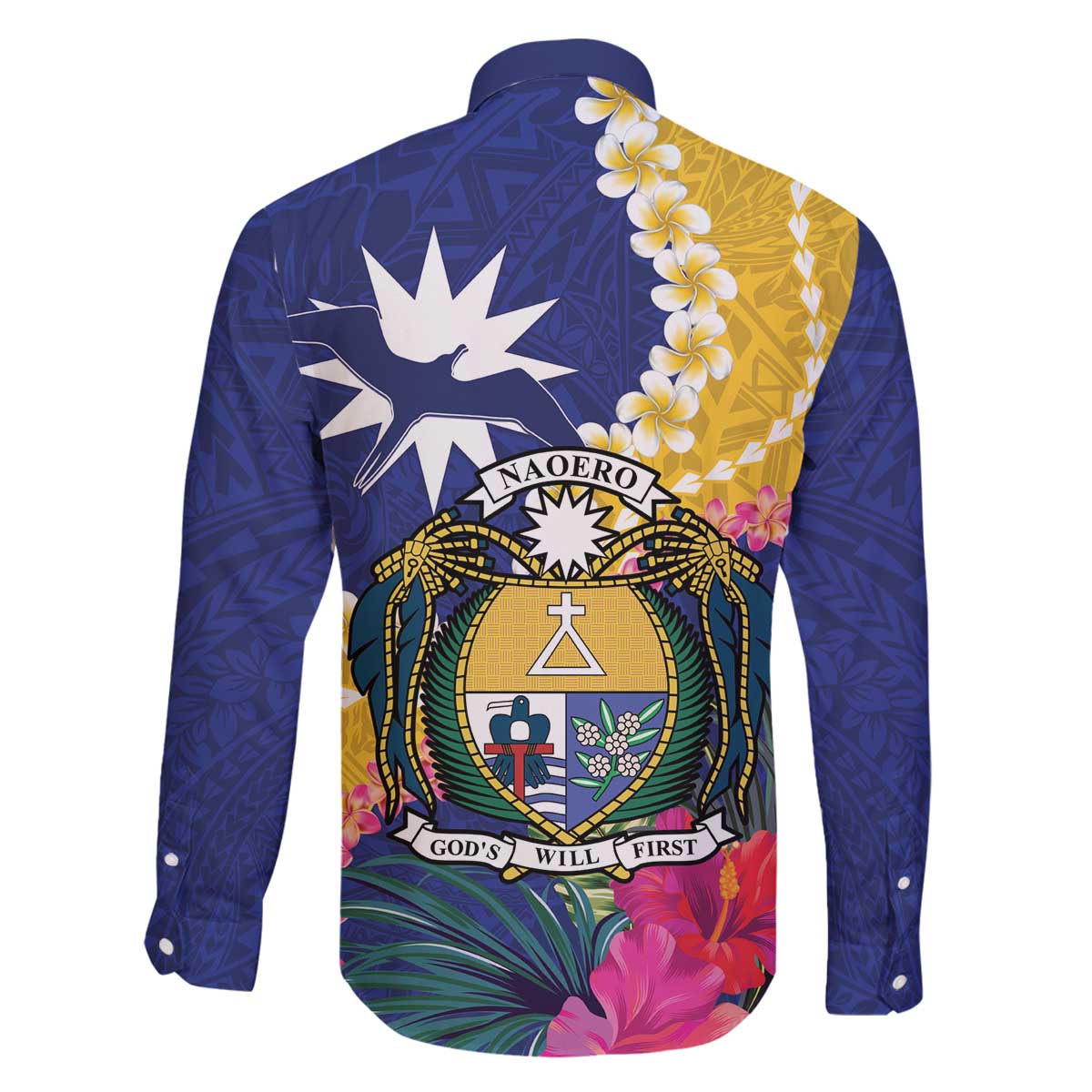 Nauru Independence Day Family Matching Off The Shoulder Long Sleeve Dress and Hawaiian Shirt Coat Of Arms With Tropical Flowers LT14 - Polynesian Pride