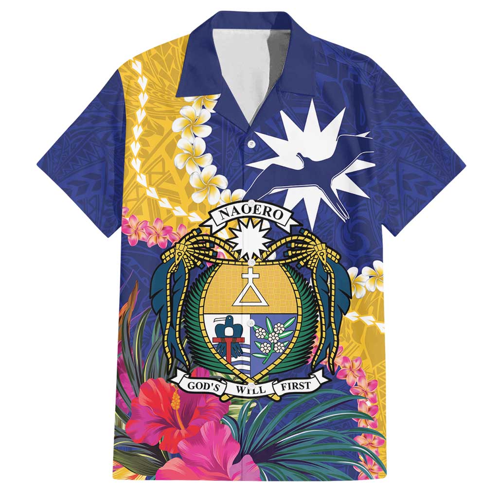 Nauru Independence Day Family Matching Off Shoulder Maxi Dress and Hawaiian Shirt Coat Of Arms With Tropical Flowers LT14 Dad's Shirt - Short Sleeve Blue - Polynesian Pride