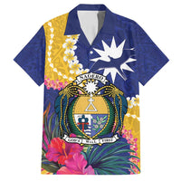 Nauru Independence Day Family Matching Off Shoulder Maxi Dress and Hawaiian Shirt Coat Of Arms With Tropical Flowers LT14 Dad's Shirt - Short Sleeve Blue - Polynesian Pride