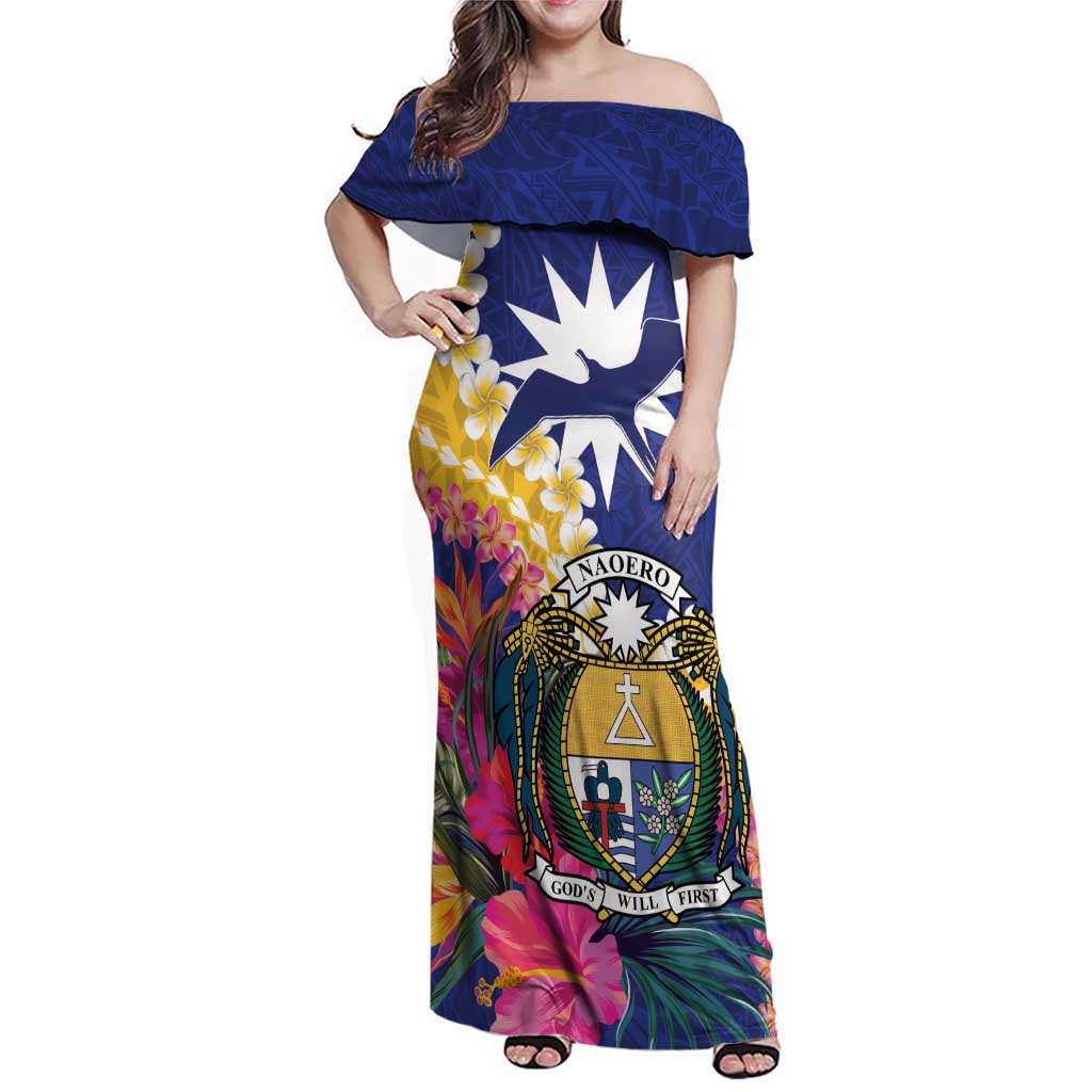 Nauru Independence Day Family Matching Off Shoulder Maxi Dress and Hawaiian Shirt Coat Of Arms With Tropical Flowers LT14 Mom's Dress Blue - Polynesian Pride