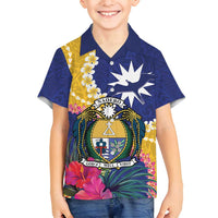 Nauru Independence Day Family Matching Off Shoulder Maxi Dress and Hawaiian Shirt Coat Of Arms With Tropical Flowers LT14 Son's Shirt Blue - Polynesian Pride