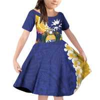 Nauru Independence Day Family Matching Off Shoulder Short Dress and Hawaiian Shirt Coat Of Arms With Tropical Flowers LT14 Daughter's Dress Blue - Polynesian Pride