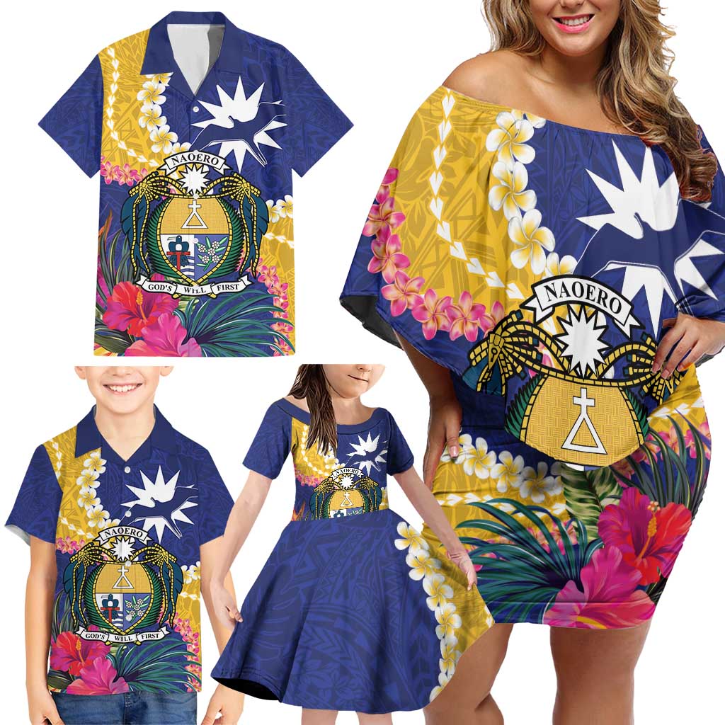 Nauru Independence Day Family Matching Off Shoulder Short Dress and Hawaiian Shirt Coat Of Arms With Tropical Flowers LT14 - Polynesian Pride