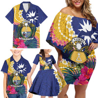 Nauru Independence Day Family Matching Off Shoulder Short Dress and Hawaiian Shirt Coat Of Arms With Tropical Flowers LT14 - Polynesian Pride