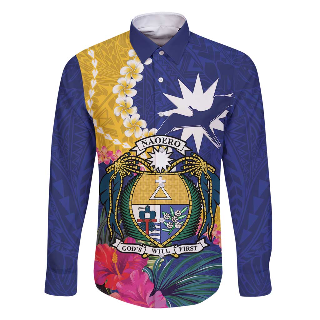 Nauru Independence Day Family Matching Off Shoulder Short Dress and Hawaiian Shirt Coat Of Arms With Tropical Flowers LT14 Dad's Shirt - Long Sleeve Blue - Polynesian Pride
