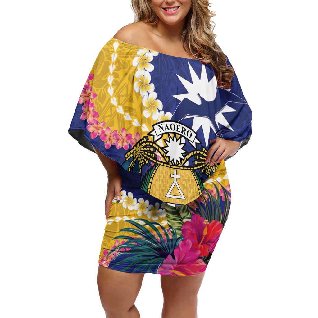 Nauru Independence Day Family Matching Off Shoulder Short Dress and Hawaiian Shirt Coat Of Arms With Tropical Flowers LT14 Mom's Dress Blue - Polynesian Pride
