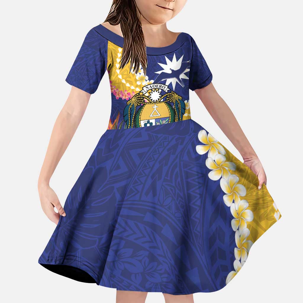 Nauru Independence Day Family Matching Puletasi and Hawaiian Shirt Coat Of Arms With Tropical Flowers LT14 Daughter's Dress Blue - Polynesian Pride
