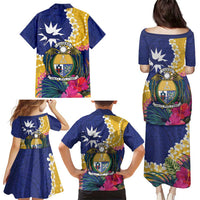 Nauru Independence Day Family Matching Puletasi and Hawaiian Shirt Coat Of Arms With Tropical Flowers LT14 - Polynesian Pride