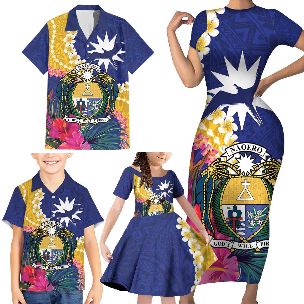 Nauru Independence Day Family Matching Short Sleeve Bodycon Dress and Hawaiian Shirt Coat Of Arms With Tropical Flowers LT14 - Polynesian Pride