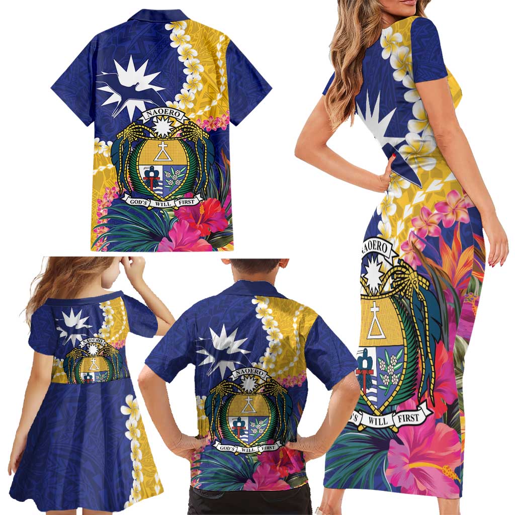 Nauru Independence Day Family Matching Short Sleeve Bodycon Dress and Hawaiian Shirt Coat Of Arms With Tropical Flowers LT14 - Polynesian Pride