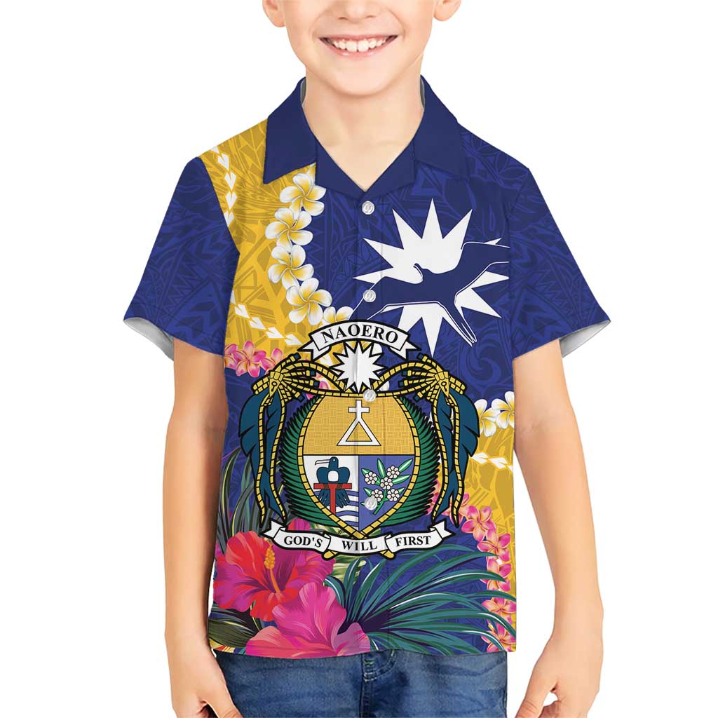 Nauru Independence Day Family Matching Short Sleeve Bodycon Dress and Hawaiian Shirt Coat Of Arms With Tropical Flowers LT14 Son's Shirt Blue - Polynesian Pride