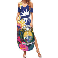Nauru Independence Day Family Matching Summer Maxi Dress and Hawaiian Shirt Coat Of Arms With Tropical Flowers LT14 Mom's Dress Blue - Polynesian Pride