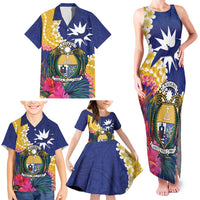 Nauru Independence Day Family Matching Tank Maxi Dress and Hawaiian Shirt Coat Of Arms With Tropical Flowers LT14 - Polynesian Pride