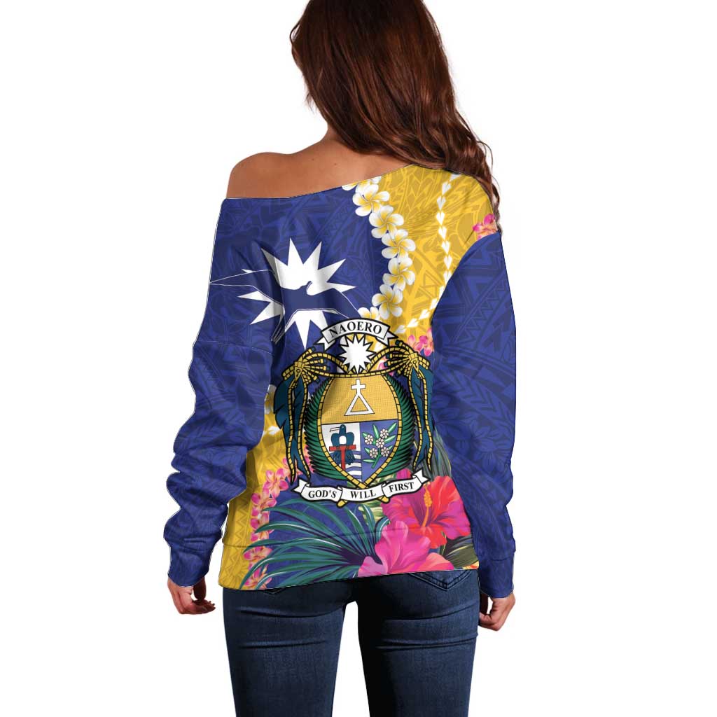 Nauru Independence Day Off Shoulder Sweater Coat Of Arms With Tropical Flowers LT14 - Polynesian Pride