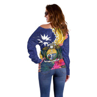Nauru Independence Day Off Shoulder Sweater Coat Of Arms With Tropical Flowers LT14 - Polynesian Pride