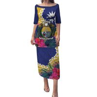 Nauru Independence Day Puletasi Coat Of Arms With Tropical Flowers LT14 Long Dress Blue - Polynesian Pride