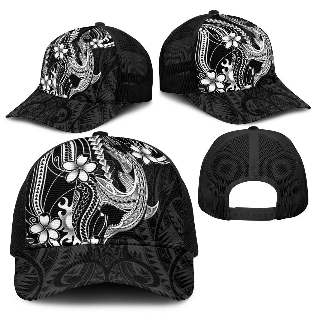 Black Aloha Hawaii Baseball Net Cap Polynesian Shark Tattoo With Plumeria - Polynesian Pride