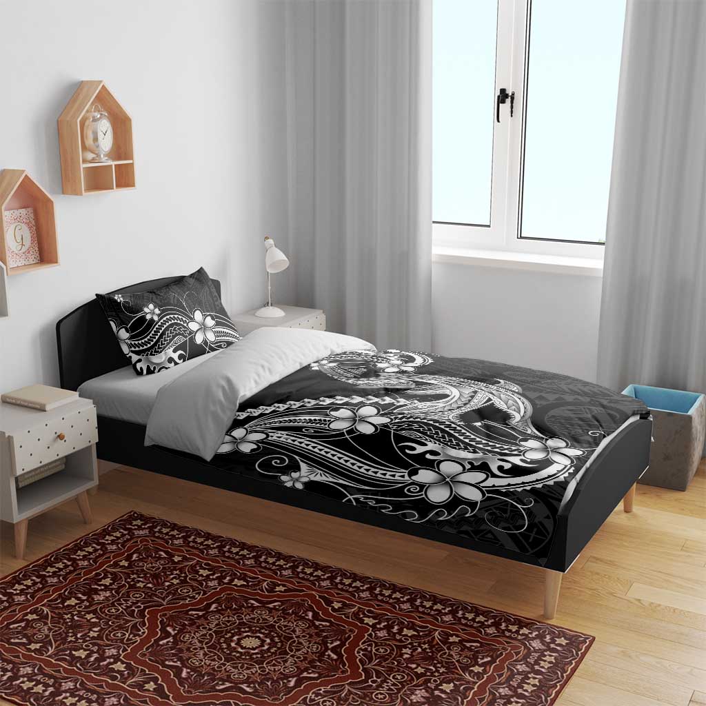 Black Aloha Hawaii Bedding Set Polynesian Shark Tattoo With Plumeria - Polynesian Pride