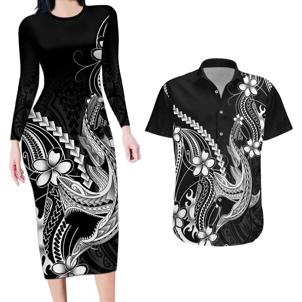 Black Aloha Hawaii Couples Matching Long Sleeve Bodycon Dress and Hawaiian Shirt Polynesian Shark Tattoo With Plumeria - Polynesian Pride