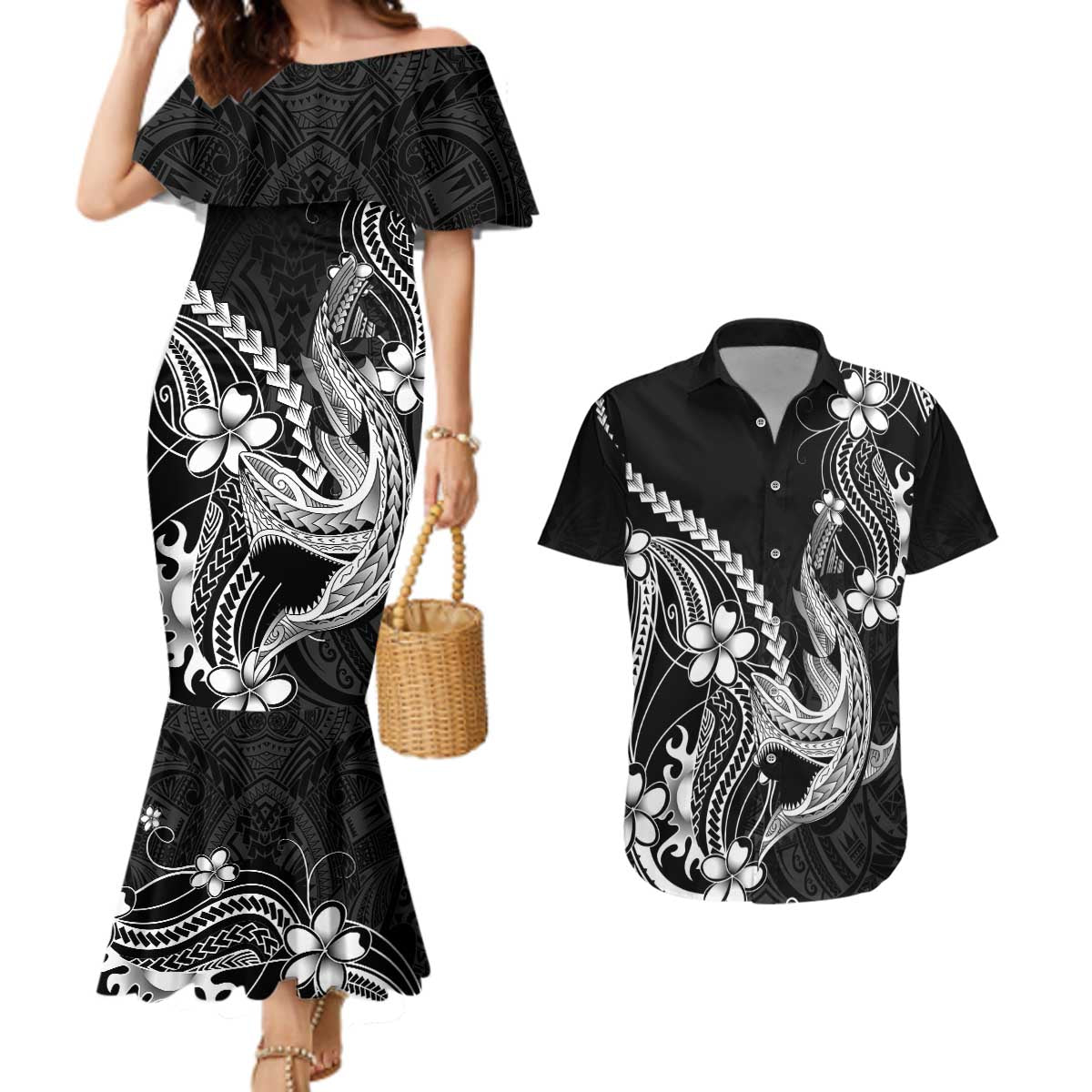 Black Aloha Hawaii Couples Matching Mermaid Dress and Hawaiian Shirt Polynesian Shark Tattoo With Plumeria LT14 Black - Polynesian Pride