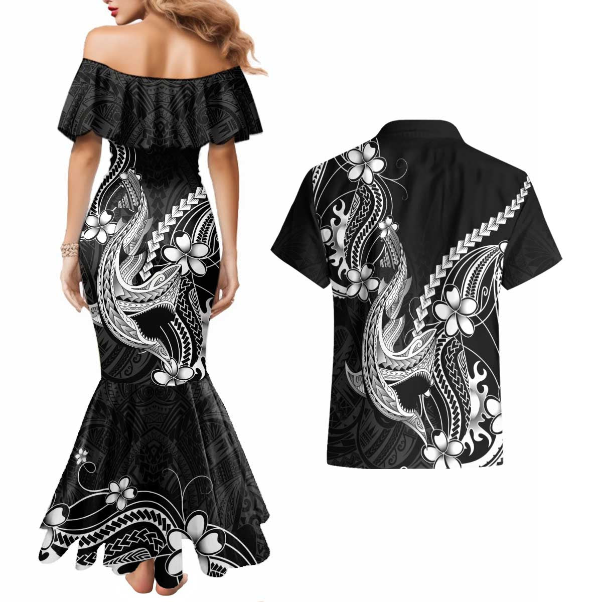 Black Aloha Hawaii Couples Matching Mermaid Dress and Hawaiian Shirt Polynesian Shark Tattoo With Plumeria LT14 - Polynesian Pride