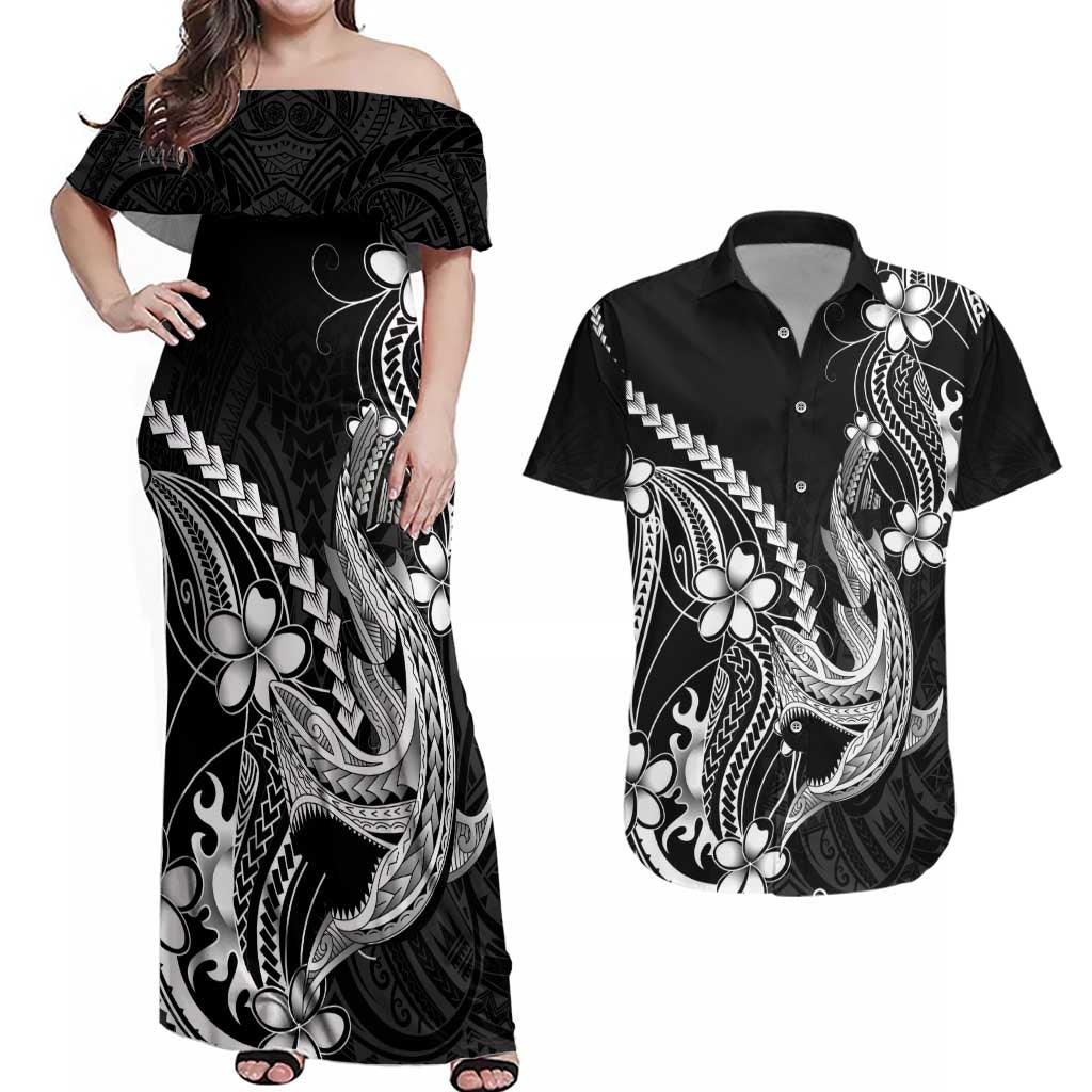 Black Aloha Hawaii Couples Matching Off Shoulder Maxi Dress and Hawaiian Shirt Polynesian Shark Tattoo With Plumeria - Polynesian Pride
