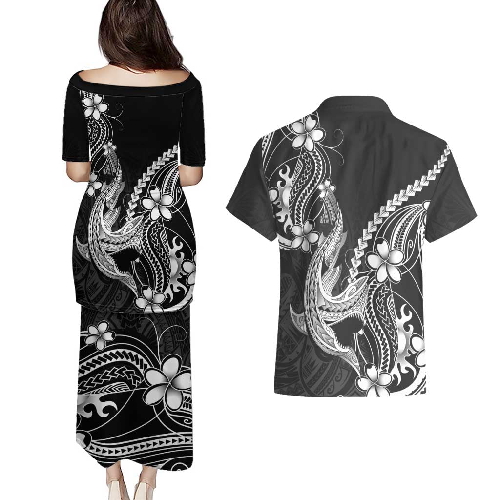 Black Aloha Hawaii Couples Matching Puletasi and Hawaiian Shirt Polynesian Shark Tattoo With Plumeria - Polynesian Pride