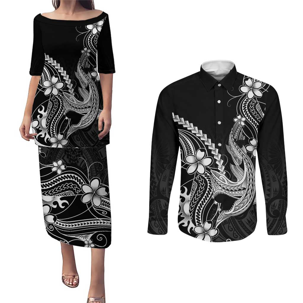 Black Aloha Hawaii Couples Matching Puletasi and Long Sleeve Button Shirt Polynesian Shark Tattoo With Plumeria - Polynesian Pride