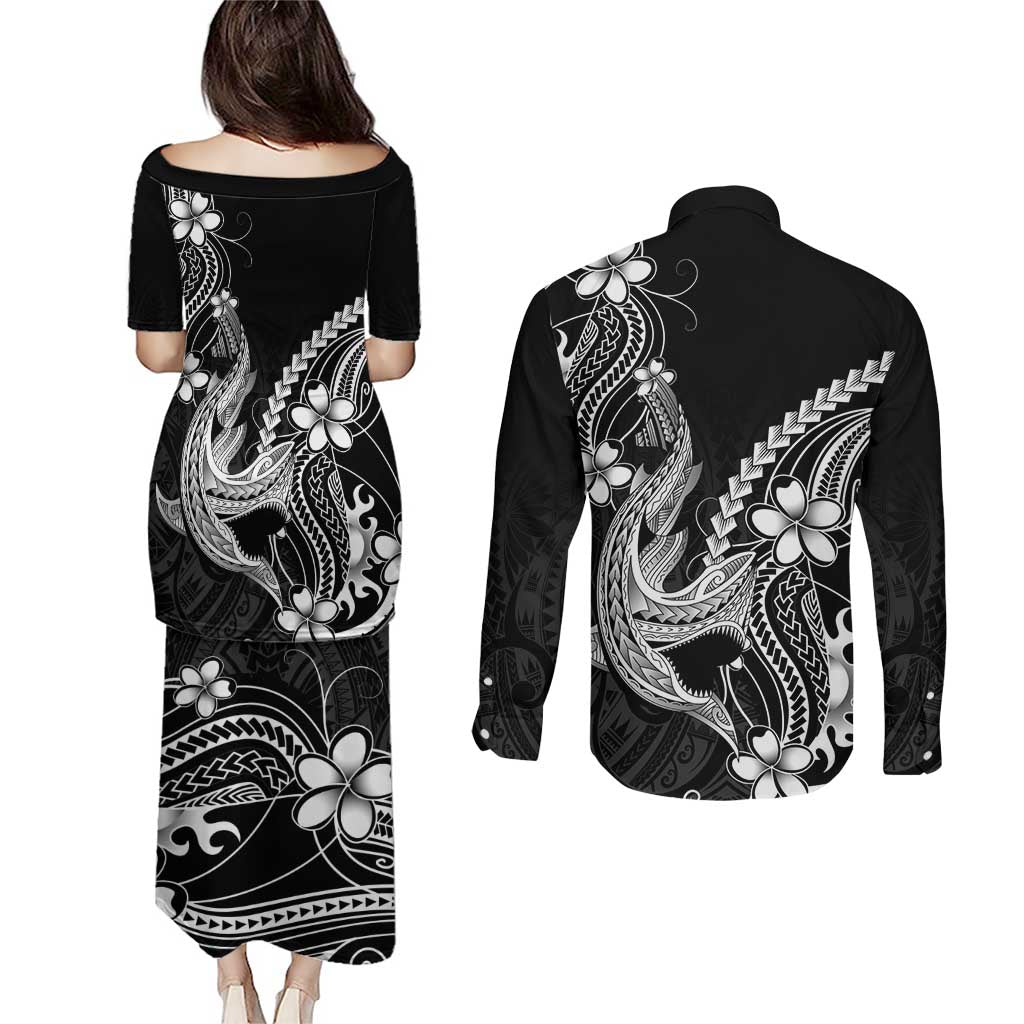 Black Aloha Hawaii Couples Matching Puletasi and Long Sleeve Button Shirt Polynesian Shark Tattoo With Plumeria - Polynesian Pride