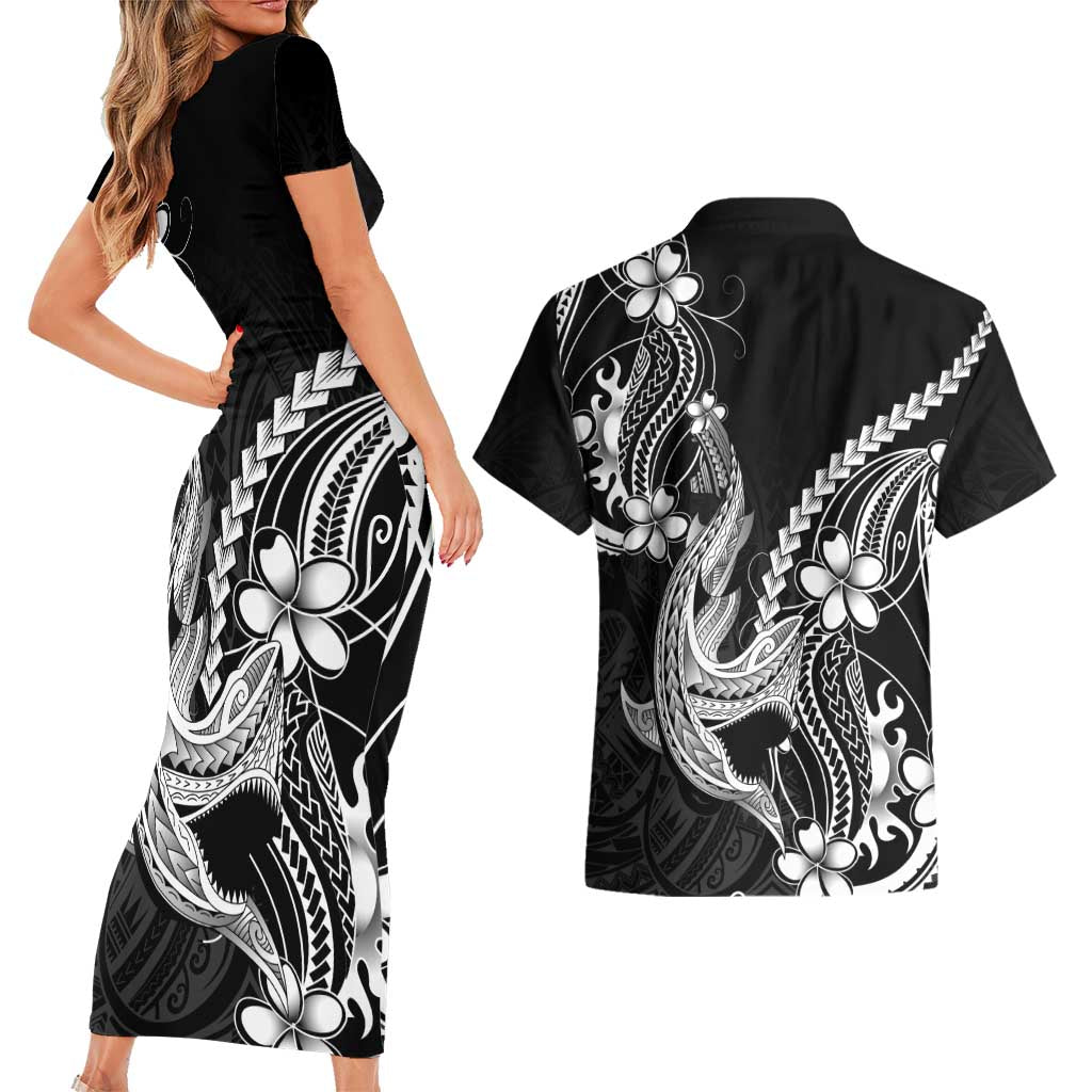 Black Aloha Hawaii Couples Matching Short Sleeve Bodycon Dress and Hawaiian Shirt Polynesian Shark Tattoo With Plumeria LT14 - Polynesian Pride